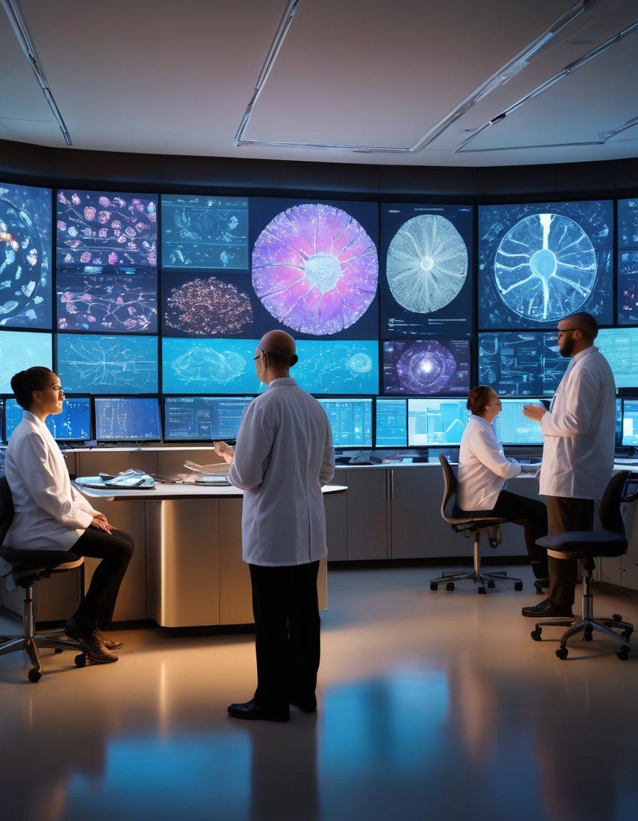 A powerful visual of a diverse group of cancer researchers collaborating in a high-tech laboratory, surrounded by advanced equipment and holographic displays of genomic data. In the foreground, a patient support group is interacting with care professionals, showcasing emotional connections and hope. Soft, warm lighting creates a sense of empowerment and positivity. The background features a window overlooking a serene nature scene, symbolizing hope and healing. vibrant colors. super-realistic.