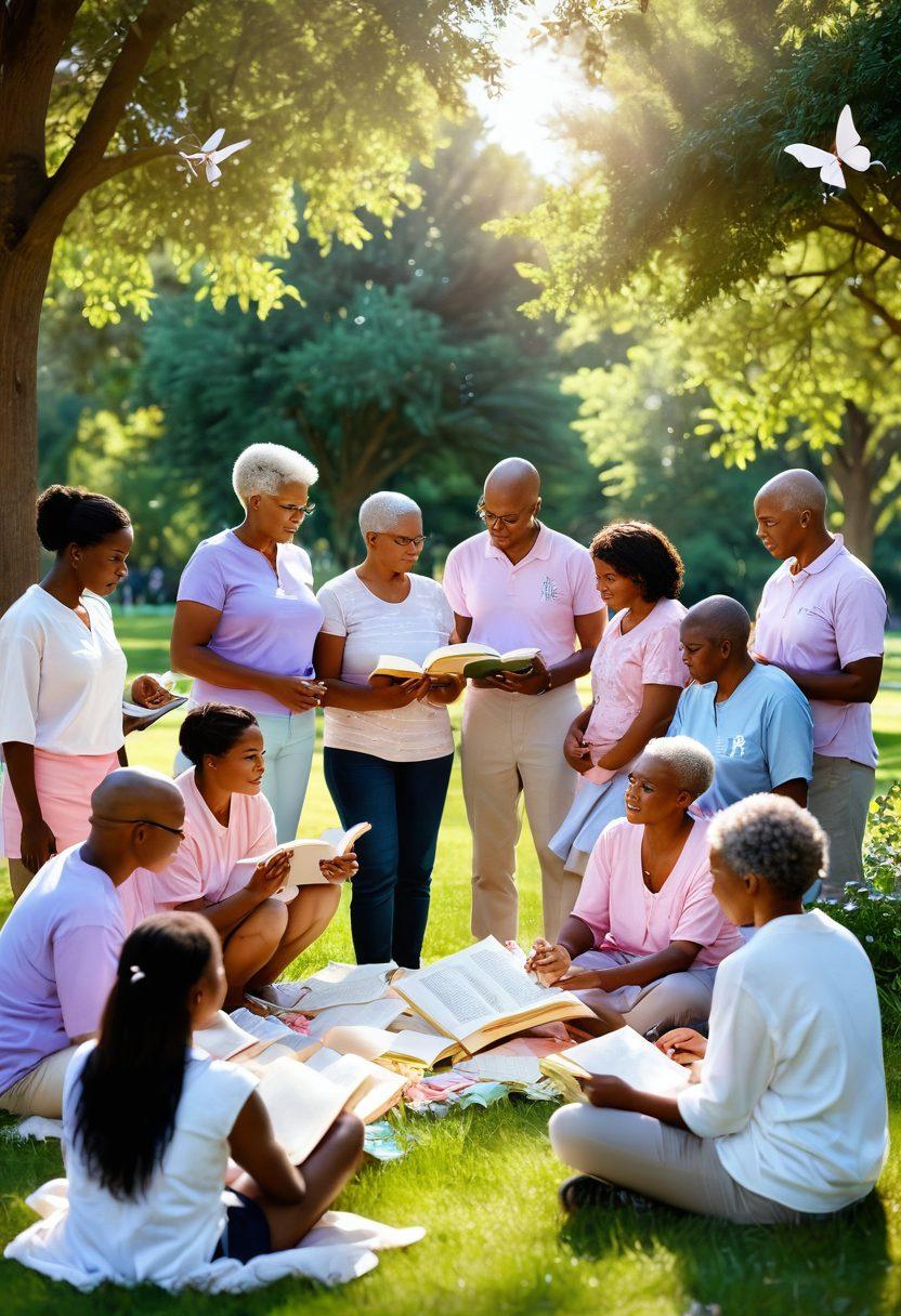 A serene scene showing a diverse group of cancer survivors sharing stories in a sunlit park, surrounded by symbolic elements like ribbons and butterflies representing hope and resilience. Include an open book with glowing pages that represent essential resources and insights. Capture a sense of community and empowerment, with soft pastel colors enhancing the warmth of the environment. super-realistic. vibrant colors. natural lighting.