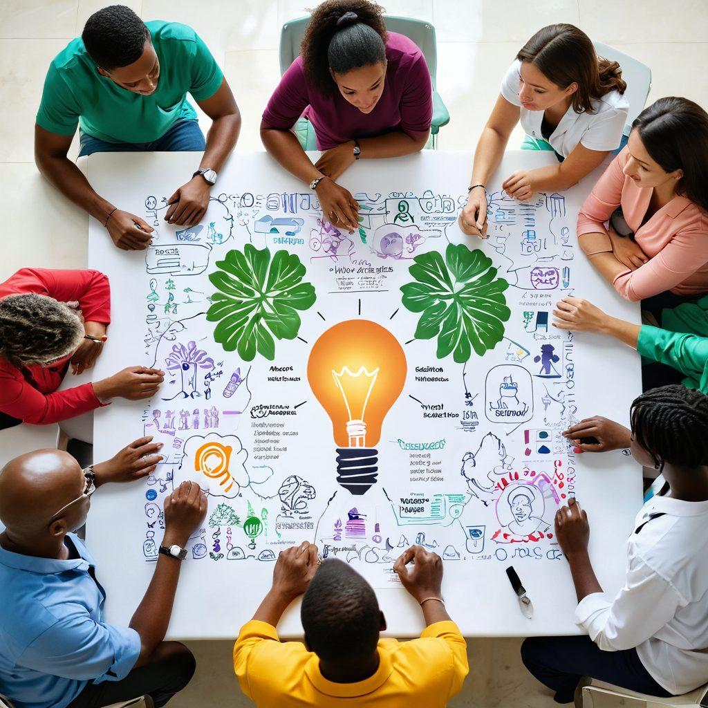 An inspiring scene depicting a diverse group of individuals collaborating around a table, discussing cancer research and patient care. Include symbols of hope like a light bulb representing innovative ideas, medical charts, and patient advocacy materials. Surround them with vibrant colors and imagery that symbolize healing, such as green plants and soft light. super-realistic. vibrant colors. white background.